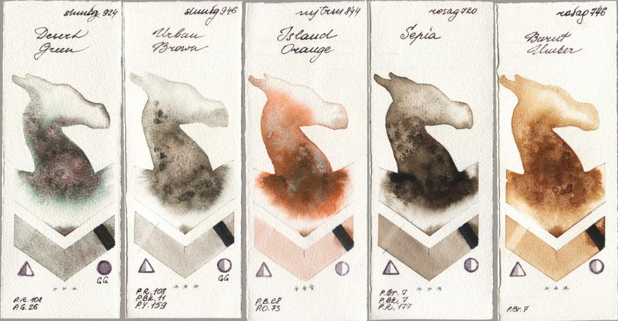 Shminke Horadam Aquarell 924 Desert Green vs 946 Urban Brown vs Mijello Mission Gold 844 Island Orange vs Rosa Gallery 720 Sepia vs 746 Burnt Umber watercolor swatch