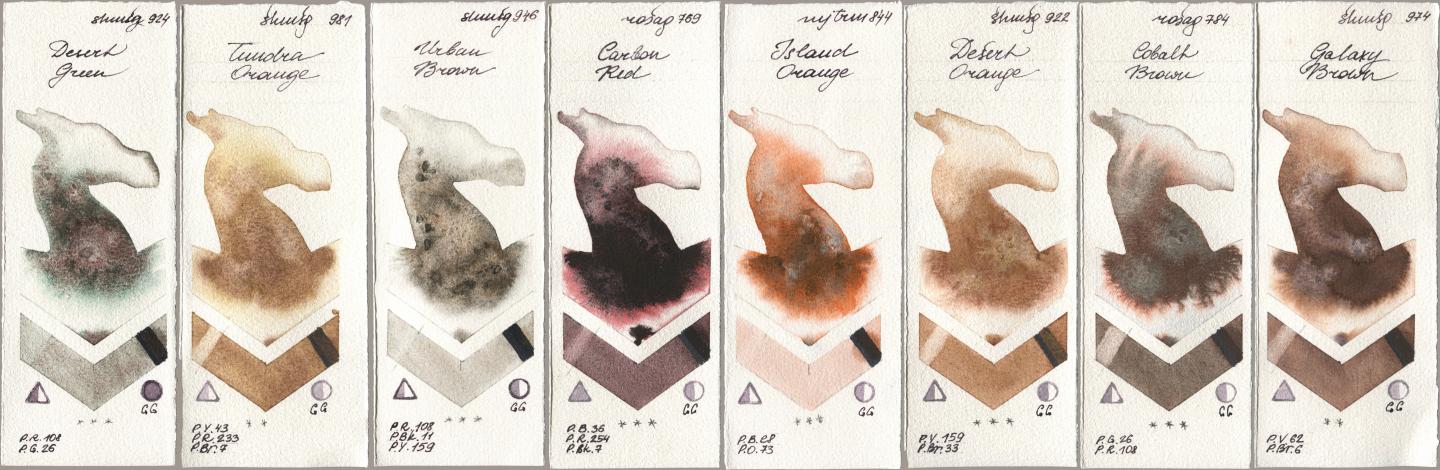 Shminke Horadam Aquarell 924 Desert Green, 981 Tundra Orange, 946 Urban Brown, Rosa Gallery 769 Carbon Red, Mijello Mission Gold 844 Island Orange, 922 Desert Orange, 784 Cobalt Brown, 974 Galaxy Bro watercolor swatch