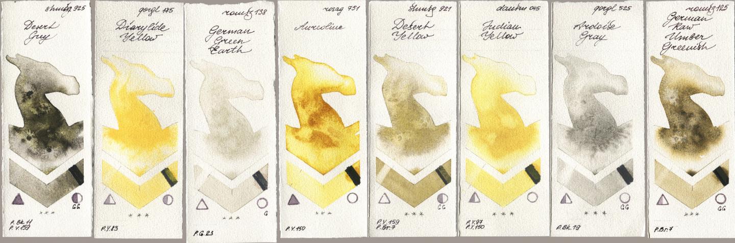 Shminke Horadam Aquarell 925 Desert Grey, Golden QOR 175 Diarylide Yellow, Roman Szmal Aquarius 138 German Green Earth, Rosa Gallery 751 Aureoline, 921 Desert Yellow, Daniel Smith 045 Indian Yellow, 525 Ardoise Gray, 125 German Raw Umber Greeni watercolor swatch