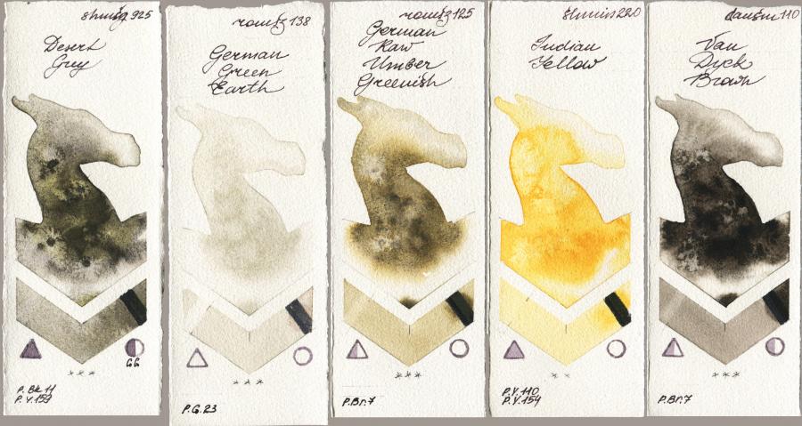 Shminke Horadam Aquarell 925 Desert Grey vs Roman Szmal Aquarius 138 German Green Earth vs 125 German Raw Umber Greenish vs 220 Indian Yellow vs Daniel Smith 110 Van Dyck Brown watercolor swatch