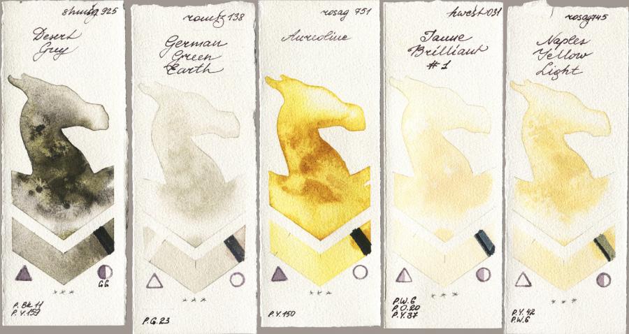Shminke Horadam Aquarell 925 Desert Grey vs Roman Szmal Aquarius 138 German Green Earth vs Rosa Gallery 751 Aureoline vs Holbein Artists Watercolor 031 Jaune Brilliant No 1 vs 745 Naples Yellow Light watercolor swatch