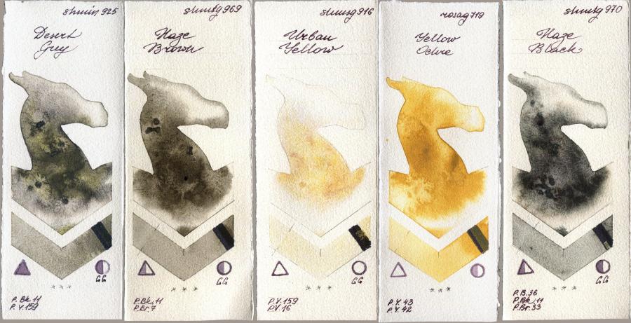 Shminke Horadam Aquarell 925 Desert Grey vs 969 Haze Brown vs 916 Urban Yellow vs Rosa Gallery 719 Yellow Ochre vs 970 Haze Black watercolor swatch