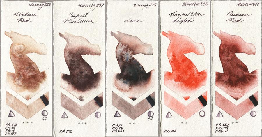 Shminke Horadam Aquarell 926 Urban Red vs Roman Szmal Aquarius 239 Caput Mortuum vs 384 Lava vs 342 Vermilion Light vs Kuretake Gansai Tambi 071 Indian Red watercolor swatch
