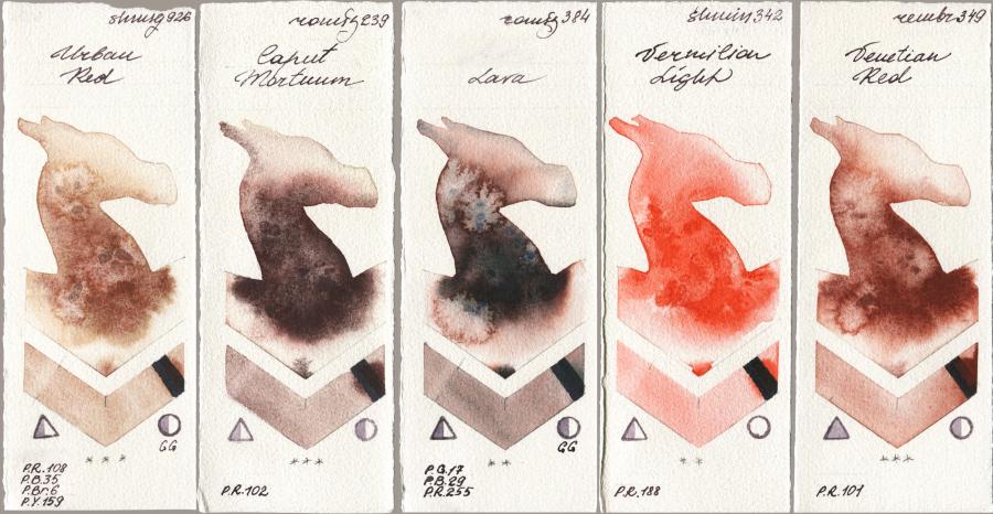 Shminke Horadam Aquarell 926 Urban Red vs Roman Szmal Aquarius 239 Caput Mortuum vs 384 Lava vs 342 Vermilion Light vs Royal Talens Rembrandt Watercolour 349 Venerian Red watercolor swatch