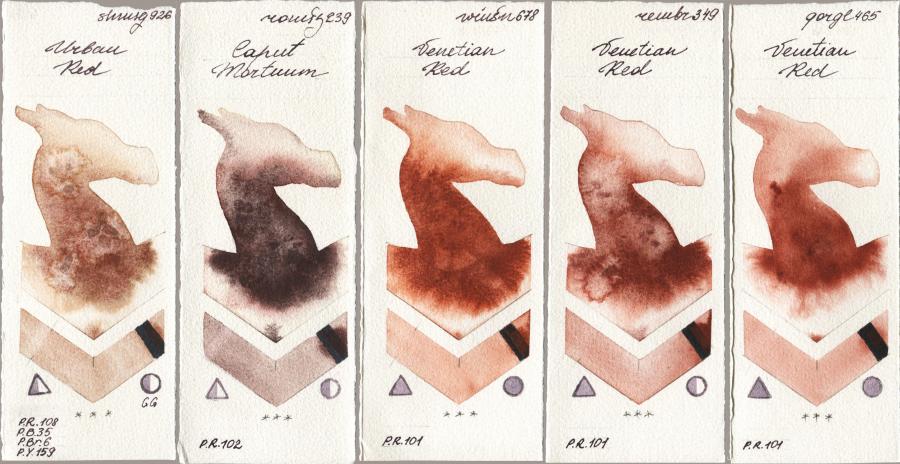 Shminke Horadam Aquarell 926 Urban Red vs Roman Szmal Aquarius 239 Caput Mortuum vs Winsor & Newton Professional 678 Venetian Red vs Royal Talens Rembrandt Watercolour 349 Venerian Red vs Golden QOR 465 Venetian Red watercolor swatch