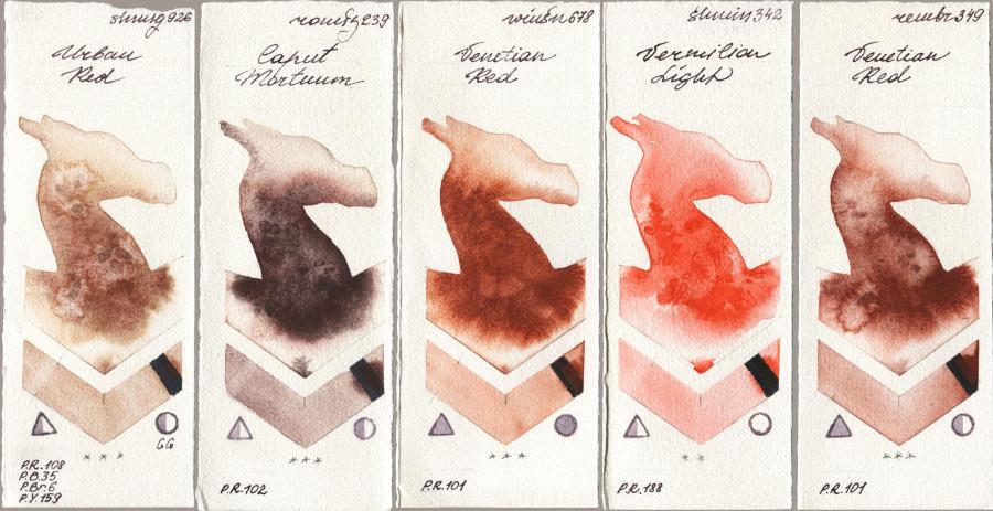 Shminke Horadam Aquarell 926 Urban Red vs Roman Szmal Aquarius 239 Caput Mortuum vs Winsor & Newton Professional 678 Venetian Red vs 342 Vermilion Light vs Royal Talens Rembrandt Watercolour 349 Venerian Red watercolor swatch