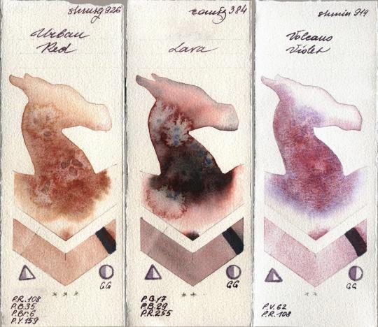 Shminke Horadam Aquarell 926 Urban Red vs Roman Szmal Aquarius 384 Lava vs 914 Volcano Violet watercolor swatch