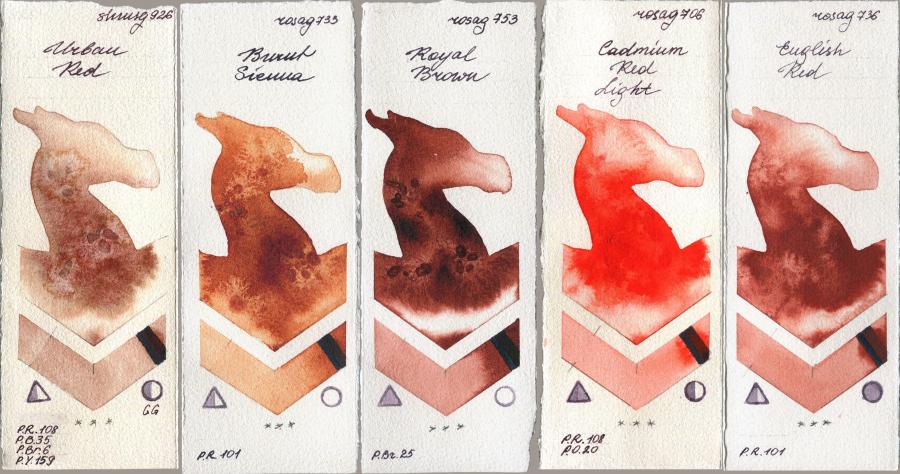 Shminke Horadam Aquarell 926 Urban Red vs Rosa Gallery 733 Burnt Sienna vs 753 Royal Brown vs 706 Cadmium Red Light vs 736 English Red watercolor swatch