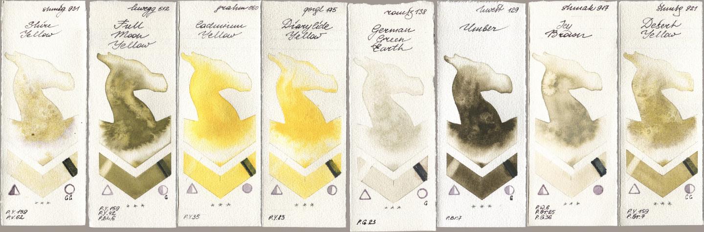 Shminke Horadam Aquarell 931 Shire Yellow, Holbein Artists Watercolor 512 Full Moon Yellow, M. Graham & Co. Artists 060 Cadmium Yellow, Golden QOR 175 Diarylide Yellow, Roman Szmal Aquarius 138 German Green Earth, 129 Umber, Shminke Akademie Aquarell 917 Icy Brown, 921 Desert Yell watercolor swatch