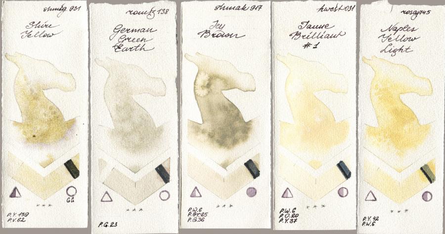 Shminke Horadam Aquarell 931 Shire Yellow vs Roman Szmal Aquarius 138 German Green Earth vs Shminke Akademie Aquarell 917 Icy Brown vs Holbein Artists Watercolor 031 Jaune Brilliant No 1 vs Rosa Gallery 745 Naples Yellow Light watercolor swatch