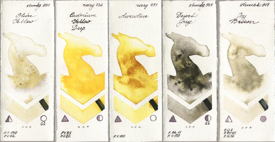 Shminke Horadam Aquarell 931 Shire Yellow vs Rosa Gallery 732 Cadmium Yellow Deep vs 751 Aureoline vs 925 Desert Grey vs Shminke Akademie Aquarell 917 Icy Brown watercolor swatch