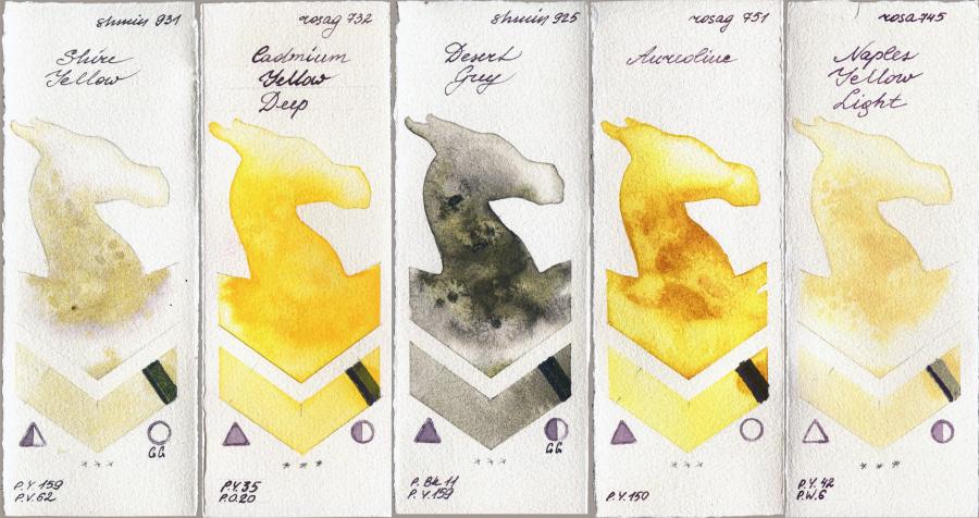 Shminke Horadam Aquarell 931 Shire Yellow vs Rosa Gallery 732 Cadmium Yellow Deep vs 925 Desert Grey vs 751 Aureoline vs 745 Naples Yellow Light watercolor swatch