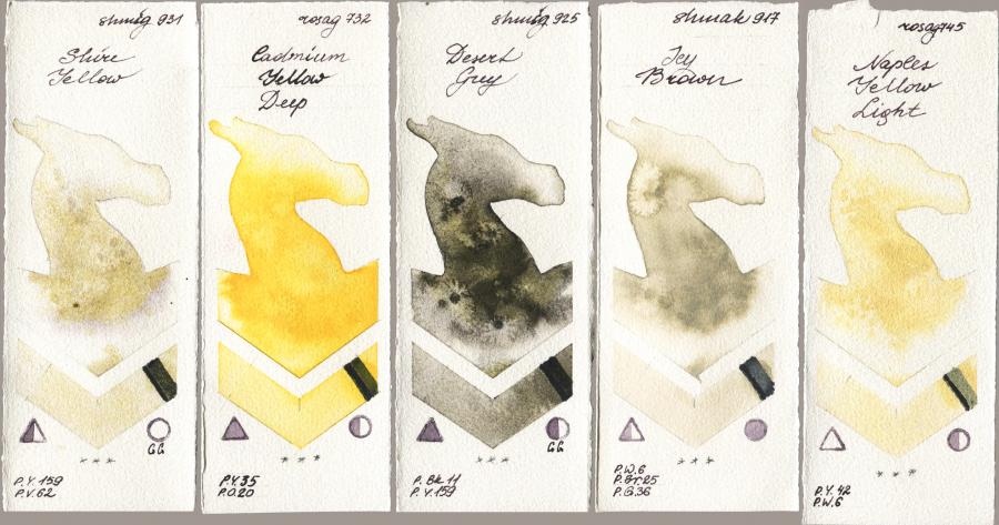 Shminke Horadam Aquarell 931 Shire Yellow vs Rosa Gallery 732 Cadmium Yellow Deep vs 925 Desert Grey vs Shminke Akademie Aquarell 917 Icy Brown vs 745 Naples Yellow Light watercolor swatch