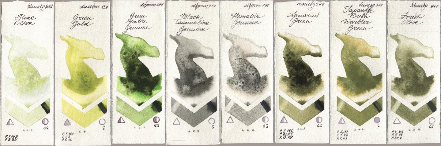 Shminke Horadam Aquarell 932 Shire Olive, Daniel Smith 139 Green Gold, 197 Green Apatite Genuine, 207 Black Tourmaline Genuine, 156 Hematite Genuine, Roman Szmal Aquarius 346 Aquarius Green, Holbein Artists Watercolor 521 Japanese Bush Warbler Green, 941 Forest Oli watercolor swatch