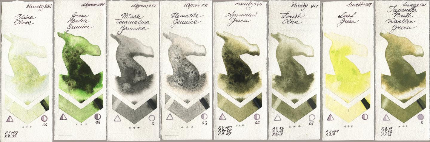Shminke Horadam Aquarell 932 Shire Olive, Daniel Smith 197 Green Apatite Genuine, 207 Black Tourmaline Genuine, 156 Hematite Genuine, Roman Szmal Aquarius 346 Aquarius Green, 941 Forest Olive, Holbein Artists Watercolor 077 Leaf Green, 521 Japanese Bush Warbler Gre watercolor swatch