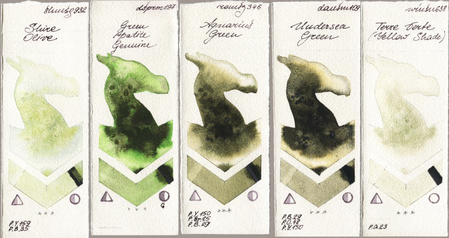 Shminke Horadam Aquarell 932 Shire Olive vs Daniel Smith 197 Green Apatite Genuine vs Roman Szmal Aquarius 346 Aquarius Green vs 109 Undersea Green vs Winsor & Newton Professional 638 Terre Verte (Yellow Shade) watercolor swatch