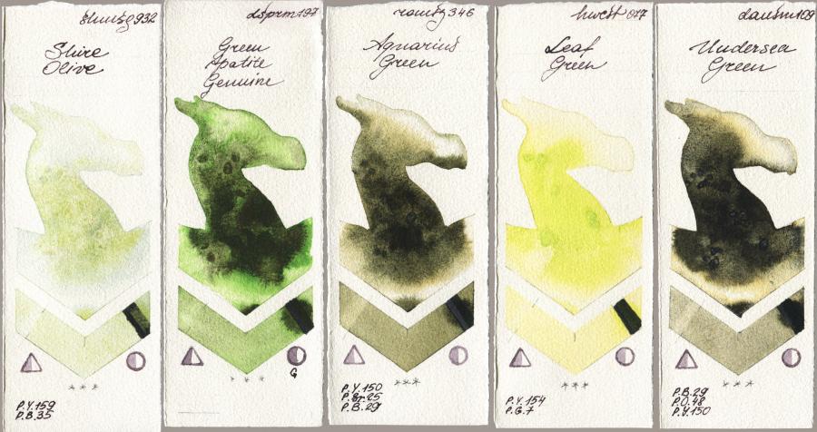 Shminke Horadam Aquarell 932 Shire Olive vs Daniel Smith 197 Green Apatite Genuine vs Roman Szmal Aquarius 346 Aquarius Green vs Holbein Artists Watercolor 077 Leaf Green vs 109 Undersea Green watercolor swatch