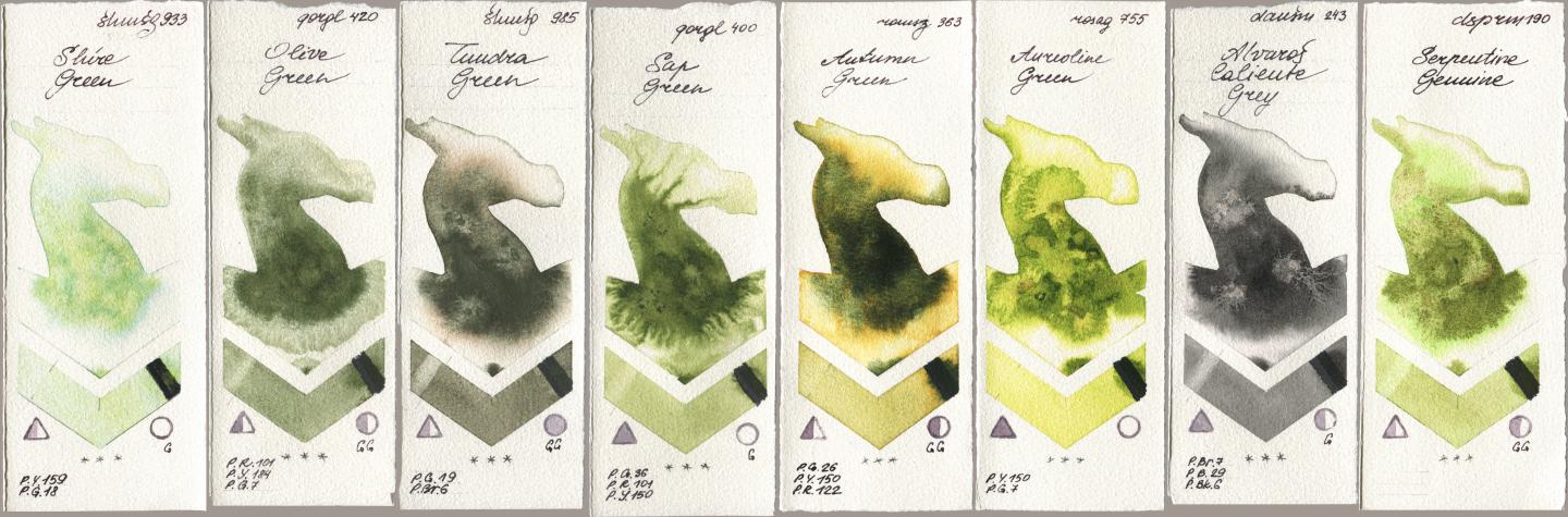 Shminke Horadam Aquarell 933 Shire Green, Golden QOR 420 Olive Green, 985 Tundra Green, 400 Sap Green, Roman Szmal Aquarius 363 Autumn Green, Rosa Gallery 755 Aureoline Green, Daniel Smith 243 Alvaros Caliente Grey, 190 Serpentine Genui watercolor swatch
