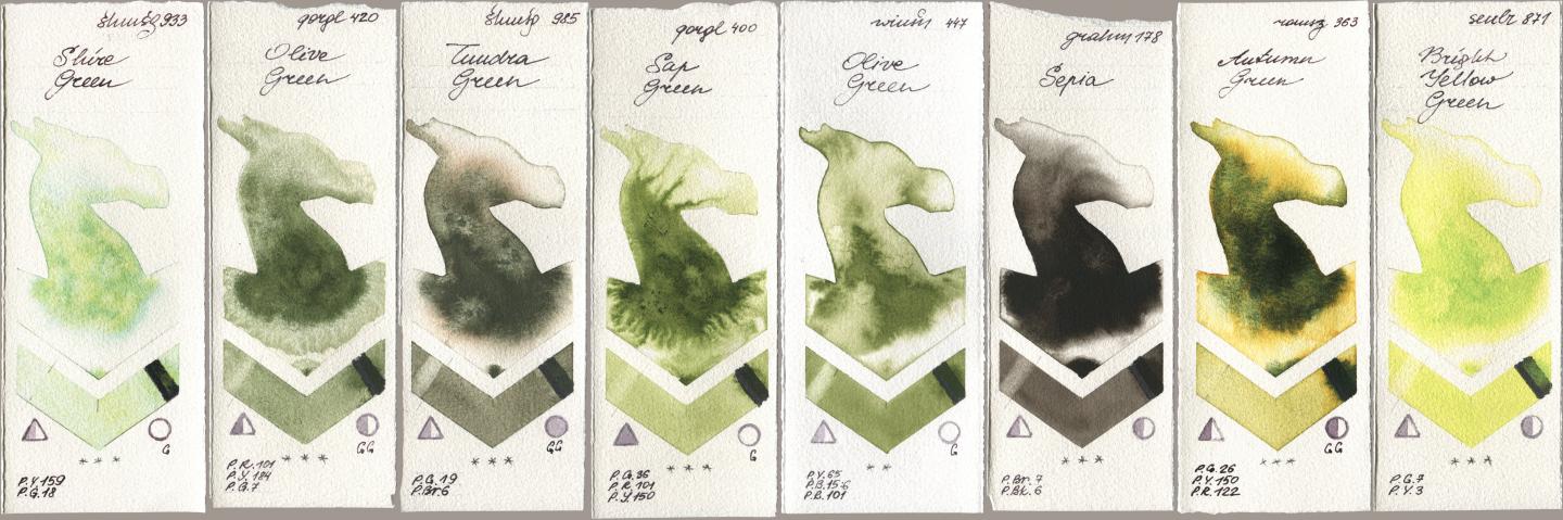 Shminke Horadam Aquarell 933 Shire Green, Golden QOR 420 Olive Green, 985 Tundra Green, 400 Sap Green, Winsor & Newton Professional 447 Olive Green, M. Graham & Co. Artists 178 Sepia, Roman Szmal Aquarius 363 Autumn Green, Sennelier l Aquarelle 871 Bright Yellow Gre watercolor swatch