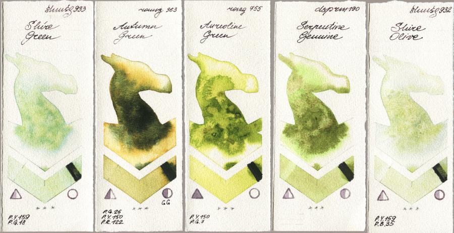 Shminke Horadam Aquarell 933 Shire Green vs Roman Szmal Aquarius 363 Autumn Green vs Rosa Gallery 755 Aureoline Green vs Daniel Smith 190 Serpentine Genuine vs 932 Shire Olive watercolor swatch