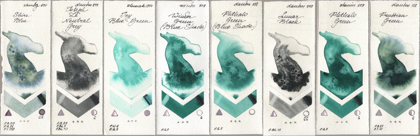Shminke Horadam Aquarell 934 Shire Blue, Daniel Smith 244 Joseph Zs Neutral Grey, Shminke Akademie Aquarell 914 Icy Blue-Green, Winsor & Newton Professional 719 Winsor Green (Blue Shade), 078 Phthalo Green (Blue Shade), 049 Lunar Black, 519 Phthalo Green, 128 Prussian Gre watercolor swatch