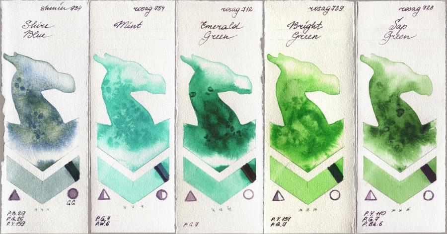 Shminke Horadam Aquarell 934 Shire Blue vs Rosa Gallery 754 Mint vs 712 Emerald Green vs 739 Bright Green vs 728 Sap Green watercolor swatch