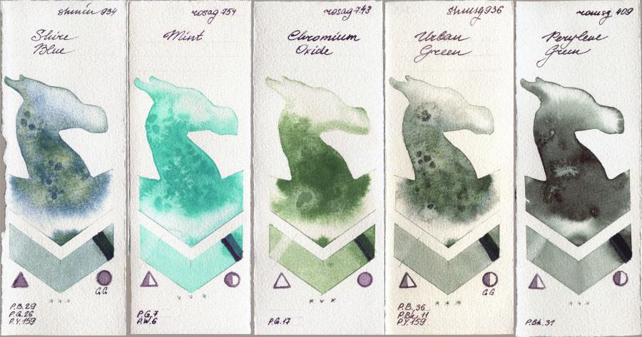 Shminke Horadam Aquarell 934 Shire Blue vs Rosa Gallery 754 Mint vs 743 Chromium Oxide vs 936 Urban Green vs Roman Szmal Aquarius 409 Perylene Green watercolor swatch