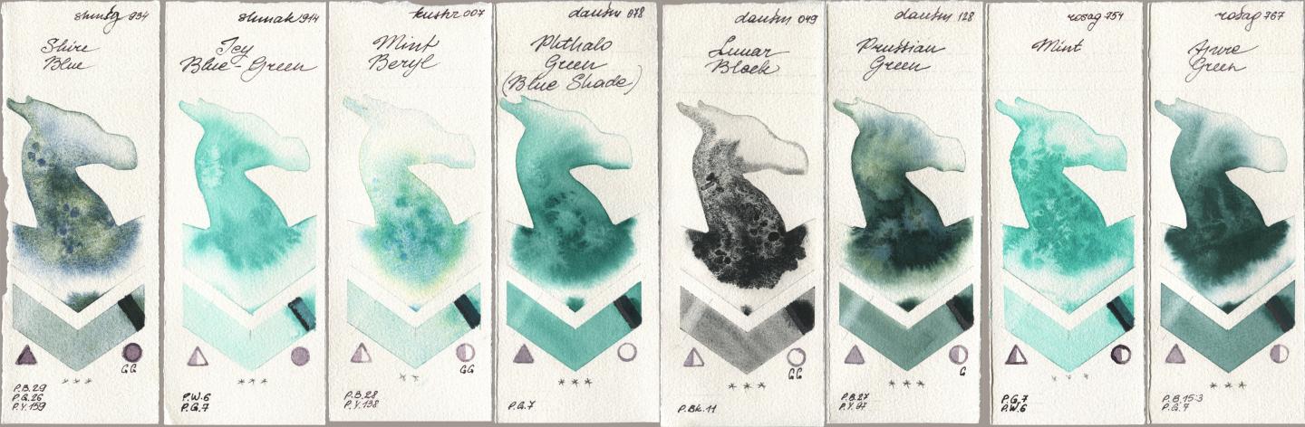 Shminke Horadam Aquarell 934 Shire Blue, Shminke Akademie Aquarell 914 Icy Blue-Green, Kusakabe 007 Mint Beryl, Daniel Smith 078 Phthalo Green (Blue Shade), 049 Lunar Black, 128 Prussian Green, Rosa Gallery 754 Mint, 767 Azure Gre watercolor swatch