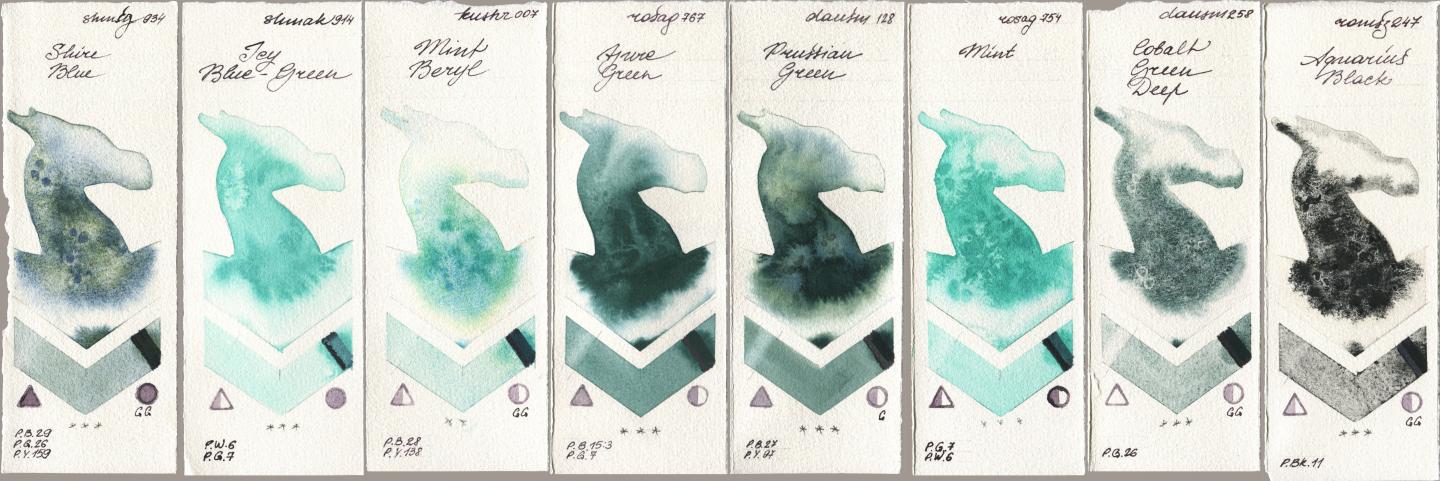 Shminke Horadam Aquarell 934 Shire Blue, Shminke Akademie Aquarell 914 Icy Blue-Green, Kusakabe 007 Mint Beryl, Rosa Gallery 767 Azure Green, Daniel Smith 128 Prussian Green, 754 Mint, 258 Cobalt Green Deep, Roman Szmal Aquarius 247 Aquarius Bla watercolor swatch