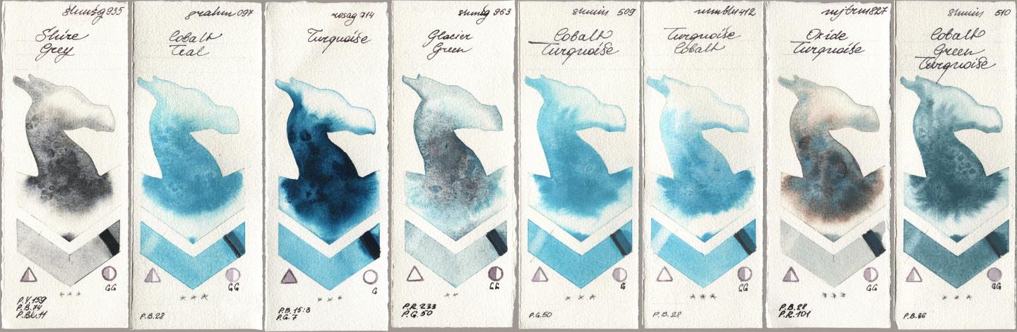 Shminke Horadam Aquarell 935 Shire Grey, M. Graham & Co. Artists 097 Cobalt Teal, Rosa Gallery 714 Turquoise, 963 Glacier Green, 509 Cobalt Turquoise, Maimeri Blu 412 Turquoise Cobalt, Mijello Mission Gold 827 Oxide Turquoise, 510 Cobalt Green Turquoi watercolor swatch