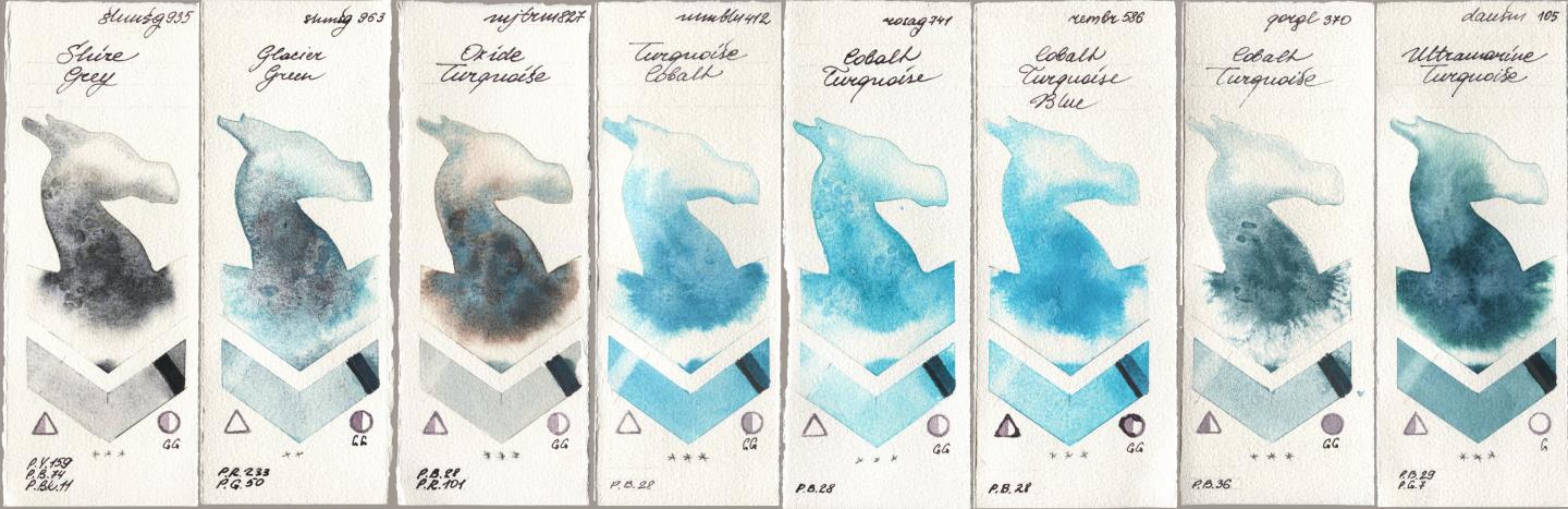 Shminke Horadam Aquarell 935 Shire Grey, 963 Glacier Green, Mijello Mission Gold 827 Oxide Turquoise, Maimeri Blu 412 Turquoise Cobalt, Rosa Gallery 741 Cobalt Turquoise, Royal Talens Rembrandt Watercolour 586 Cobalt Turquoise Blue, Golden QOR 370 Cobalt Turquoise, Daniel Smith 105 Ultramarine Turquoi watercolor swatch