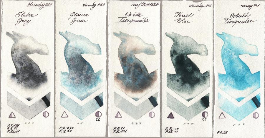 Shminke Horadam Aquarell 935 Shire Grey vs 963 Glacier Green vs Mijello Mission Gold 827 Oxide Turquoise vs 943 Forest Blue vs Rosa Gallery 741 Cobalt Turquoise watercolor swatch