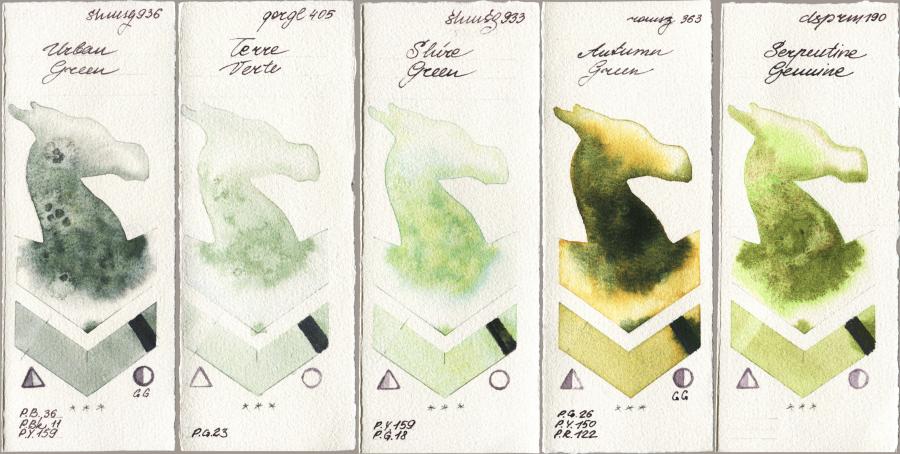 Shminke Horadam Aquarell 936 Urban Green vs Golden QOR 405 Terre Verte vs 933 Shire Green vs Roman Szmal Aquarius 363 Autumn Green vs Daniel Smith 190 Serpentine Genuine watercolor swatch