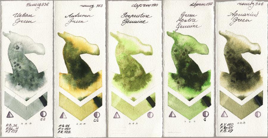 Shminke Horadam Aquarell 936 Urban Green vs Roman Szmal Aquarius 363 Autumn Green vs Daniel Smith 190 Serpentine Genuine vs 197 Green Apatite Genuine vs 346 Aquarius Green watercolor swatch
