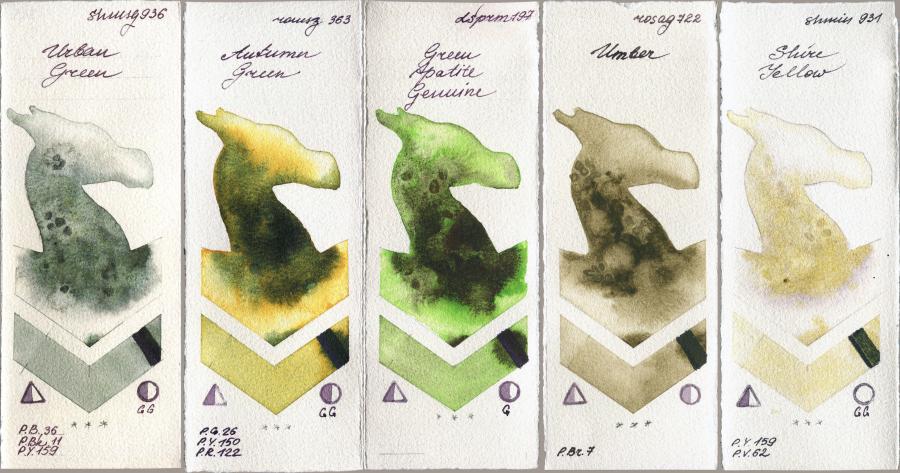 Shminke Horadam Aquarell 936 Urban Green vs Roman Szmal Aquarius 363 Autumn Green vs Daniel Smith 197 Green Apatite Genuine vs Rosa Gallery 722 Umber vs 931 Shire Yellow watercolor swatch