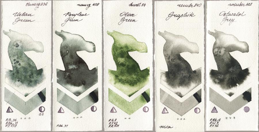 Shminke Horadam Aquarell 936 Urban Green vs Roman Szmal Aquarius 409 Perylene Green vs Kuretake Gansai Tambi 054 Olive Green vs Royal Talens Rembrandt Watercolour 840 Graphite vs Winsor & Newton Professional 428 Ostwald Grey watercolor swatch