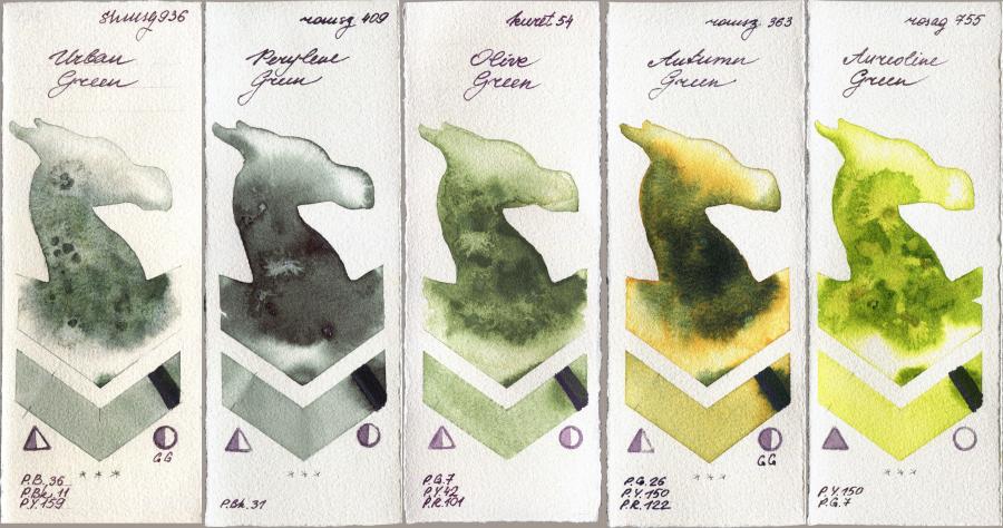 Shminke Horadam Aquarell 936 Urban Green vs Roman Szmal Aquarius 409 Perylene Green vs Kuretake Gansai Tambi 54 Olive Green vs 363 Autumn Green vs Rosa Gallery 755 Aureoline Green watercolor swatch