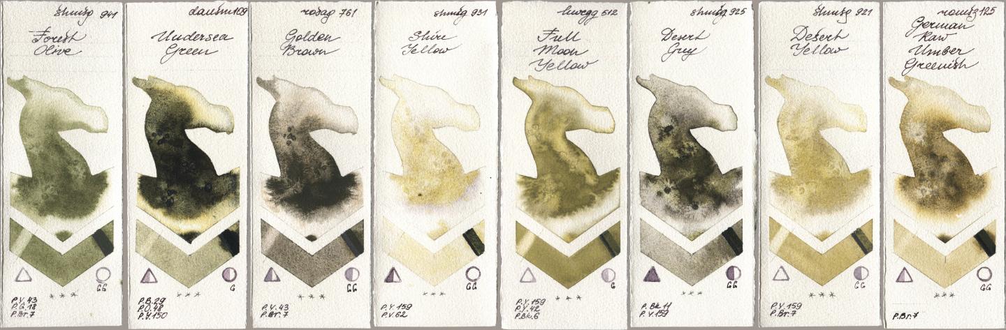 Shminke Horadam Aquarell 941 Forest Olive, Daniel Smith 109 Undersea Green, Rosa Gallery 761 Golden Brown, 931 Shire Yellow, Holbein Artists Watercolor 512 Full Moon Yellow, 925 Desert Grey, 921 Desert Yellow, Roman Szmal Aquarius 125 German Raw Umber Greeni watercolor swatch