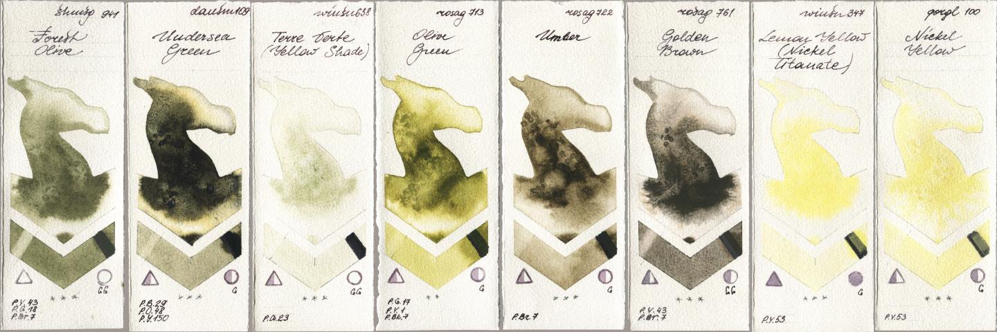 Shminke Horadam Aquarell 941 Forest Olive, Daniel Smith 109 Undersea Green, Winsor & Newton Professional 638 Terre Verte (Yellow Shade), Rosa Gallery 713 Olive Green, 722 Umber, 761 Golden Brown, 347 Lemon Yellow (Nickel Titanate), Golden QOR 100 Nickel Yell watercolor swatch