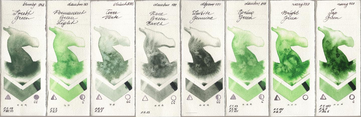 Shminke Horadam Aquarell 942 Forest Green, Daniel Smith 067 Permanent Green Light, Shinhan PWC 592 Terre Verte, 181 Rare Green Earth, 180 Zoisite Genuine, 208 Spring Green, Rosa Gallery 739 Bright Green, 728 Sap Gre watercolor swatch