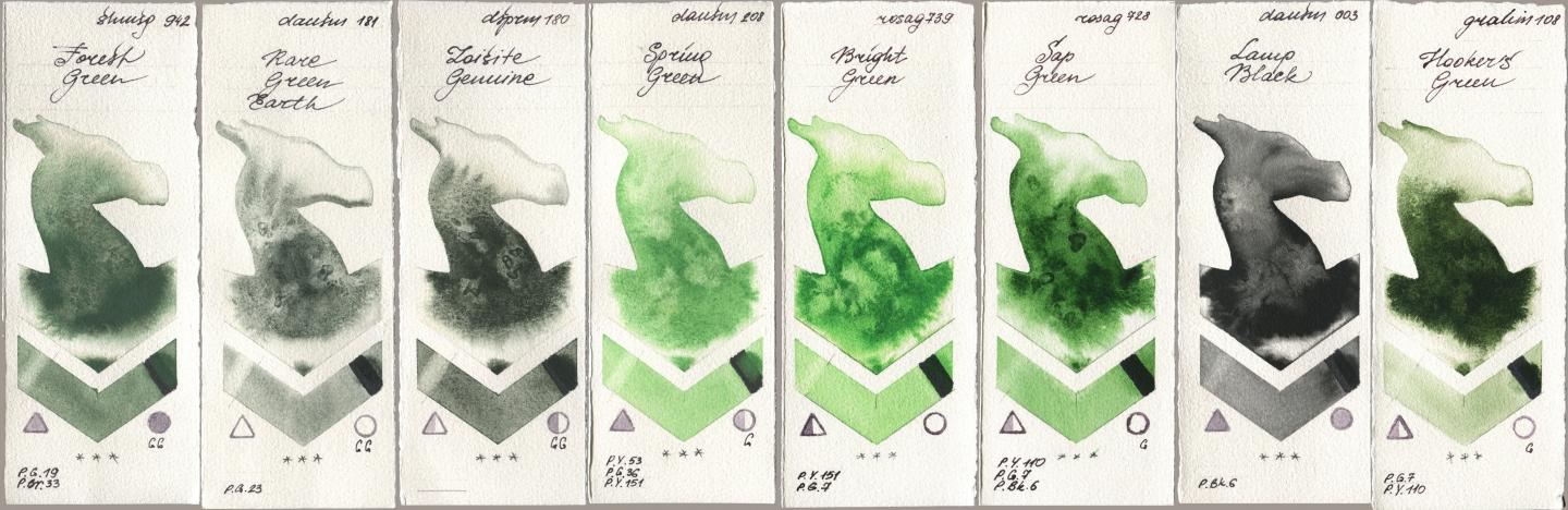 Shminke Horadam Aquarell 942 Forest Green, Daniel Smith 181 Rare Green Earth, 180 Zoisite Genuine, 208 Spring Green, Rosa Gallery 739 Bright Green, 728 Sap Green, 003 Lamp Black, M. Graham & Co. Artists 108 Hookers Gre watercolor swatch