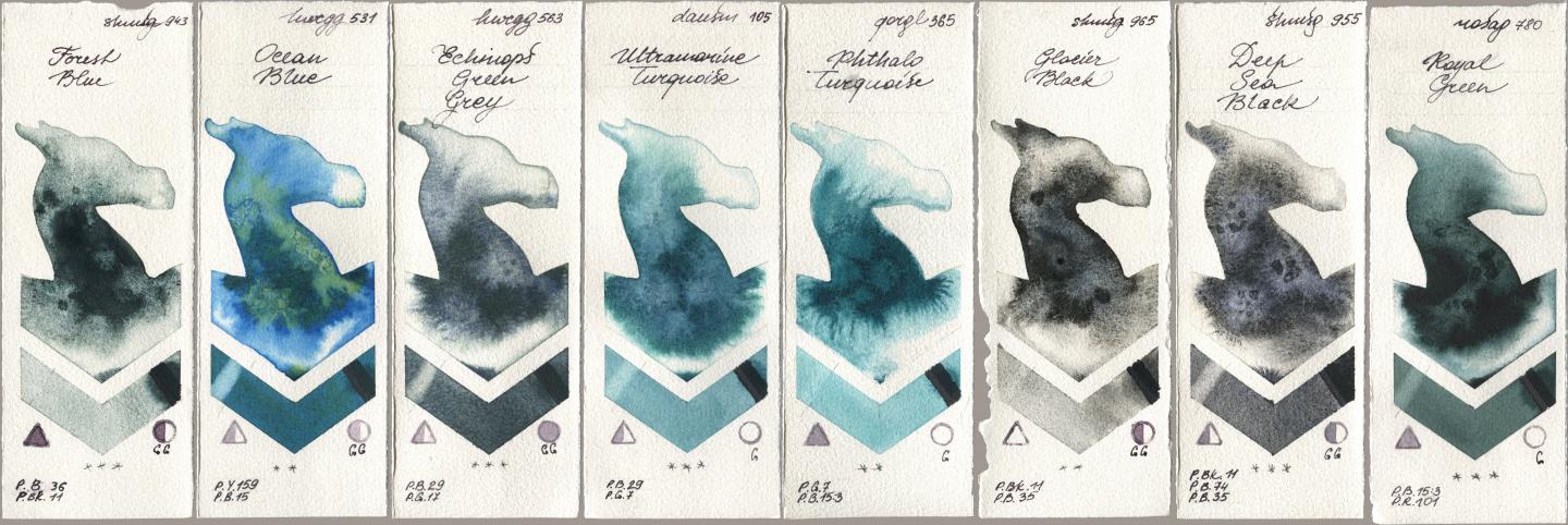 Shminke Horadam Aquarell 943 Forest Blue, Holbein Artists Watercolor 531 Ocean Blue, 563 Echinops Green Grey, Daniel Smith 105 Ultramarine Turquoise, Golden QOR 365 Phthalo Turquoise, 965 Glacier Black, 955 Deep Sea Black, Rosa Gallery 780 Royal Gre watercolor swatch