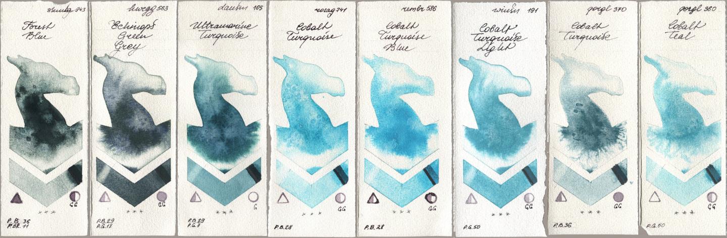 Shminke Horadam Aquarell 943 Forest Blue, Holbein Artists Watercolor 563 Echinops Green Grey, Daniel Smith 105 Ultramarine Turquoise, Rosa Gallery 741 Cobalt Turquoise, Royal Talens Rembrandt Watercolour 586 Cobalt Turquoise Blue, Winsor & Newton Professional 191 Cobalt Turquoise Light, Golden QOR 370 Cobalt Turquoise, 360 Cobalt Te watercolor swatch