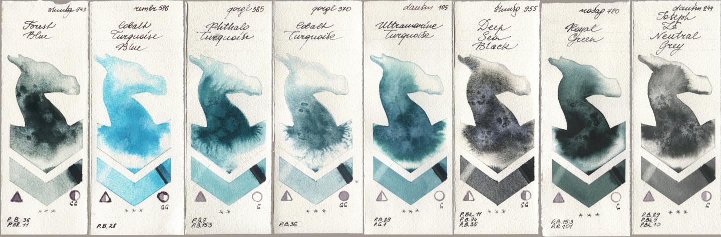 Shminke Horadam Aquarell 943 Forest Blue, Royal Talens Rembrandt Watercolour 586 Cobalt Turquoise Blue, Golden QOR 365 Phthalo Turquoise, 370 Cobalt Turquoise, Daniel Smith 105 Ultramarine Turquoise, 955 Deep Sea Black, Rosa Gallery 780 Royal Green, 244 Joseph Zs Neutral Gr watercolor swatch