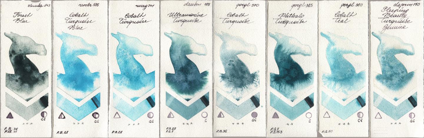 Shminke Horadam Aquarell 943 Forest Blue, Royal Talens Rembrandt Watercolour 586 Cobalt Turquoise Blue, Rosa Gallery 741 Cobalt Turquoise, Daniel Smith 105 Ultramarine Turquoise, Golden QOR 370 Cobalt Turquoise, 365 Phthalo Turquoise, 360 Cobalt Teal, 150 Sleeping Beauty Turquoise Genui watercolor swatch