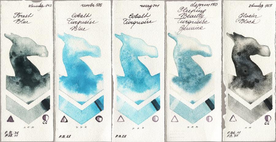 Shminke Horadam Aquarell 943 Forest Blue vs Royal Talens Rembrandt Watercolour 586 Cobalt Turquoise Blue vs Rosa Gallery 741 Cobalt Turquoise vs Daniel Smith 150 Sleeping Beauty Turquoise Genuine vs 965 Glacier Black watercolor swatch