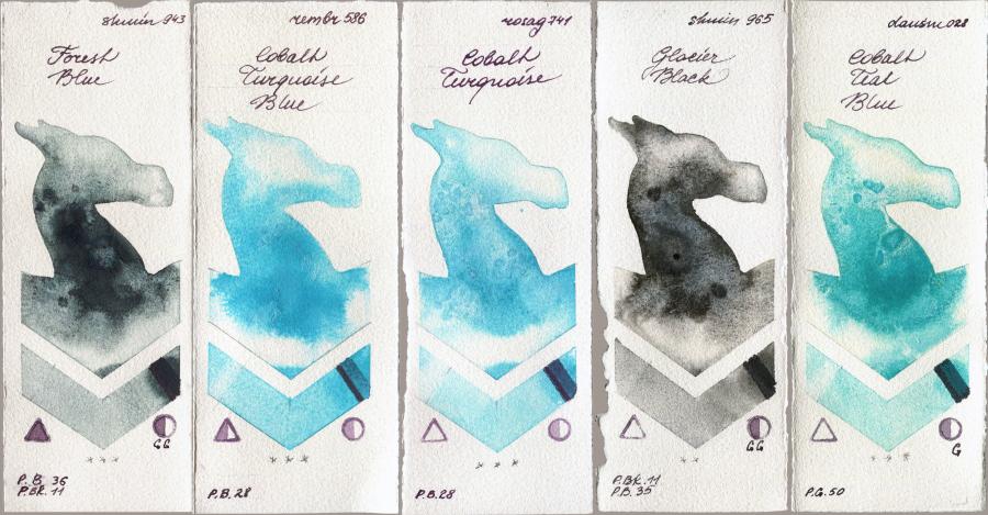 Shminke Horadam Aquarell 943 Forest Blue vs Royal Talens Rembrandt Watercolour 586 Cobalt Turquoise Blue vs Rosa Gallery 741 Cobalt Turquoise vs 965 Glacier Black vs Daniel Smith 028 Cobalt Teal Blue watercolor swatch