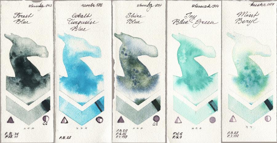 Shminke Horadam Aquarell 943 Forest Blue vs Royal Talens Rembrandt Watercolour 586 Cobalt Turquoise Blue vs 934 Shire Blue vs Shminke Akademie Aquarell 914 Icy Blue-Green vs Kusakabe 007 Mint Beryl watercolor swatch