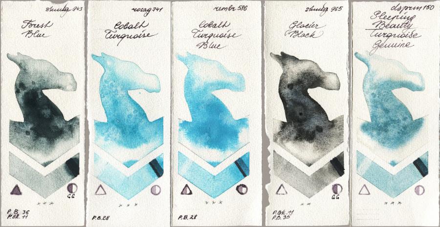 Shminke Horadam Aquarell 943 Forest Blue vs Rosa Gallery 741 Cobalt Turquoise vs Royal Talens Rembrandt Watercolour 586 Cobalt Turquoise Blue vs 965 Glacier Black vs Daniel Smith 150 Sleeping Beauty Turquoise Genuine watercolor swatch