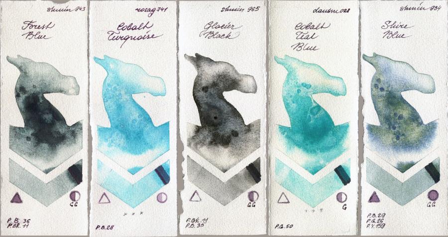 Shminke Horadam Aquarell 943 Forest Blue vs Rosa Gallery 741 Cobalt Turquoise vs 965 Glacier Black vs Daniel Smith 028 Cobalt Teal Blue vs 934 Shire Blue watercolor swatch